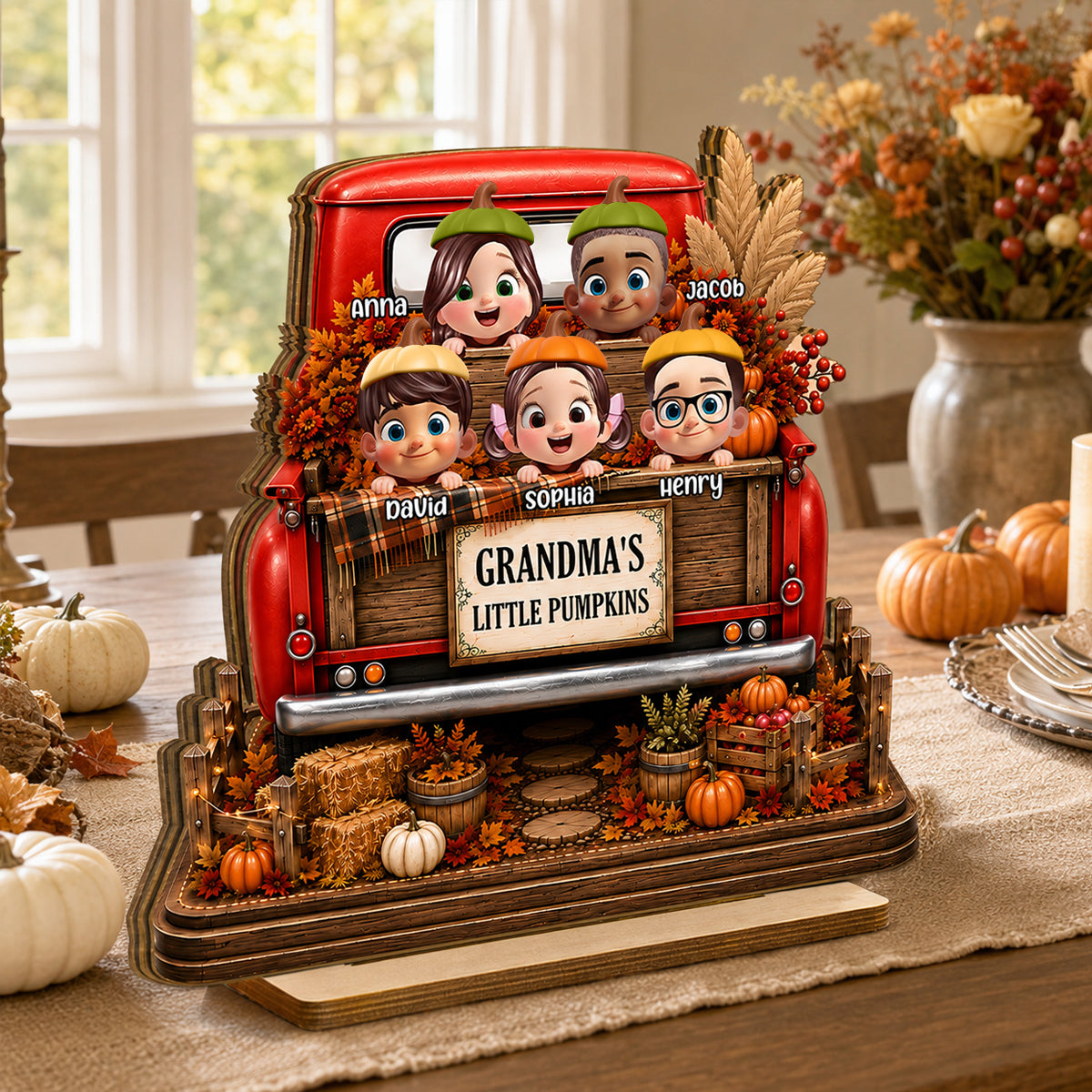Grandma Grandkids Pumpkins Fall Truck - Personalized 2-Layered Wooden Plaque - Fall Season Decor Gift, Gift For Grandma