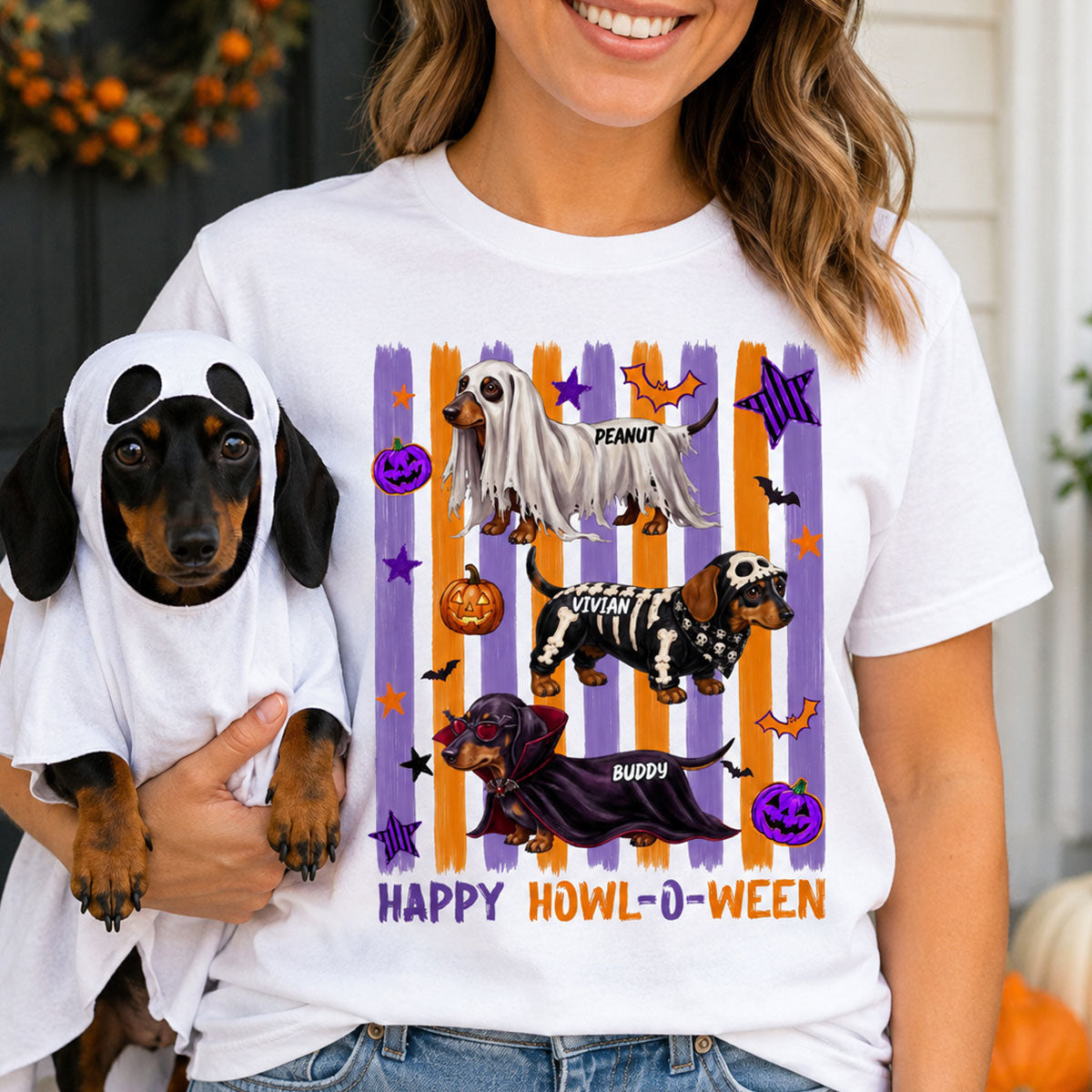 Striped Halloween Dachshund Ghost - Personalized Shirt - Halloween Gift For Dog Lovers