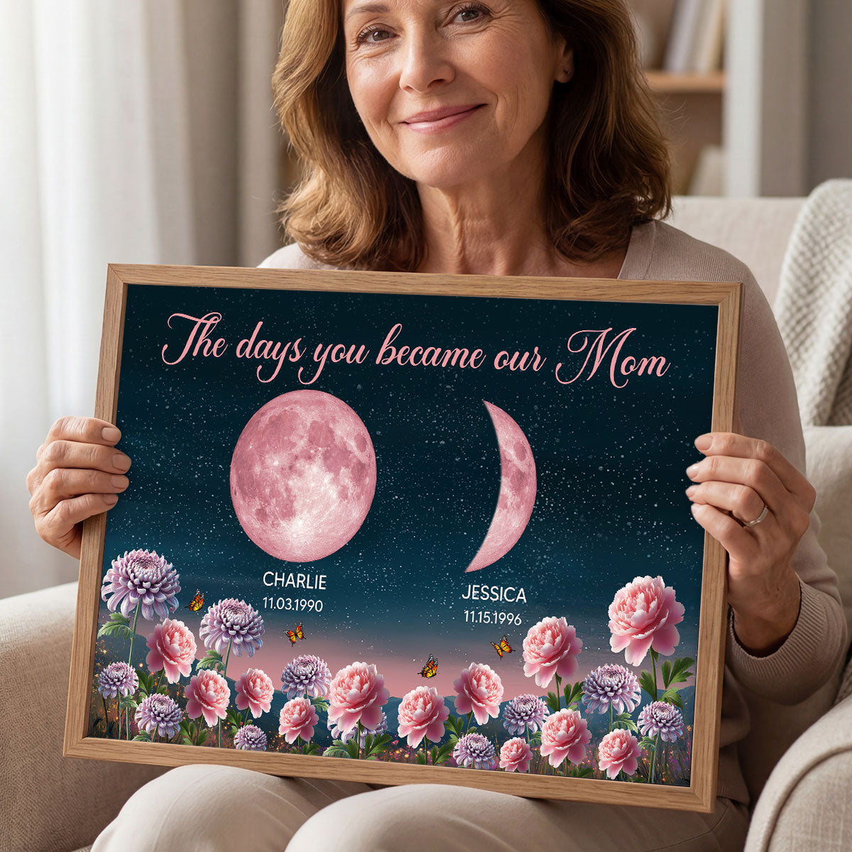Birth Month Flowers The Day You Become Mum Grandma Custom Birth Moon Phase - Personalised Poster, Mother's Day Gift For Mum, Grandma