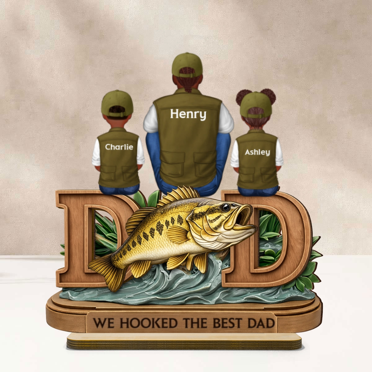 Fishing Dad And Kids Sitting Together - Personalized 2-Layered Wooden Plaque - Heartfelt Gift For Dad, Gift For Husband