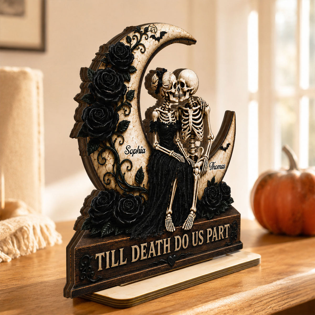 Till Death Do Us Part Skeleton Couple On Moon 2D Flat - Personalized 2-Layered Wooden Plaque - Halloween Decor For Couple