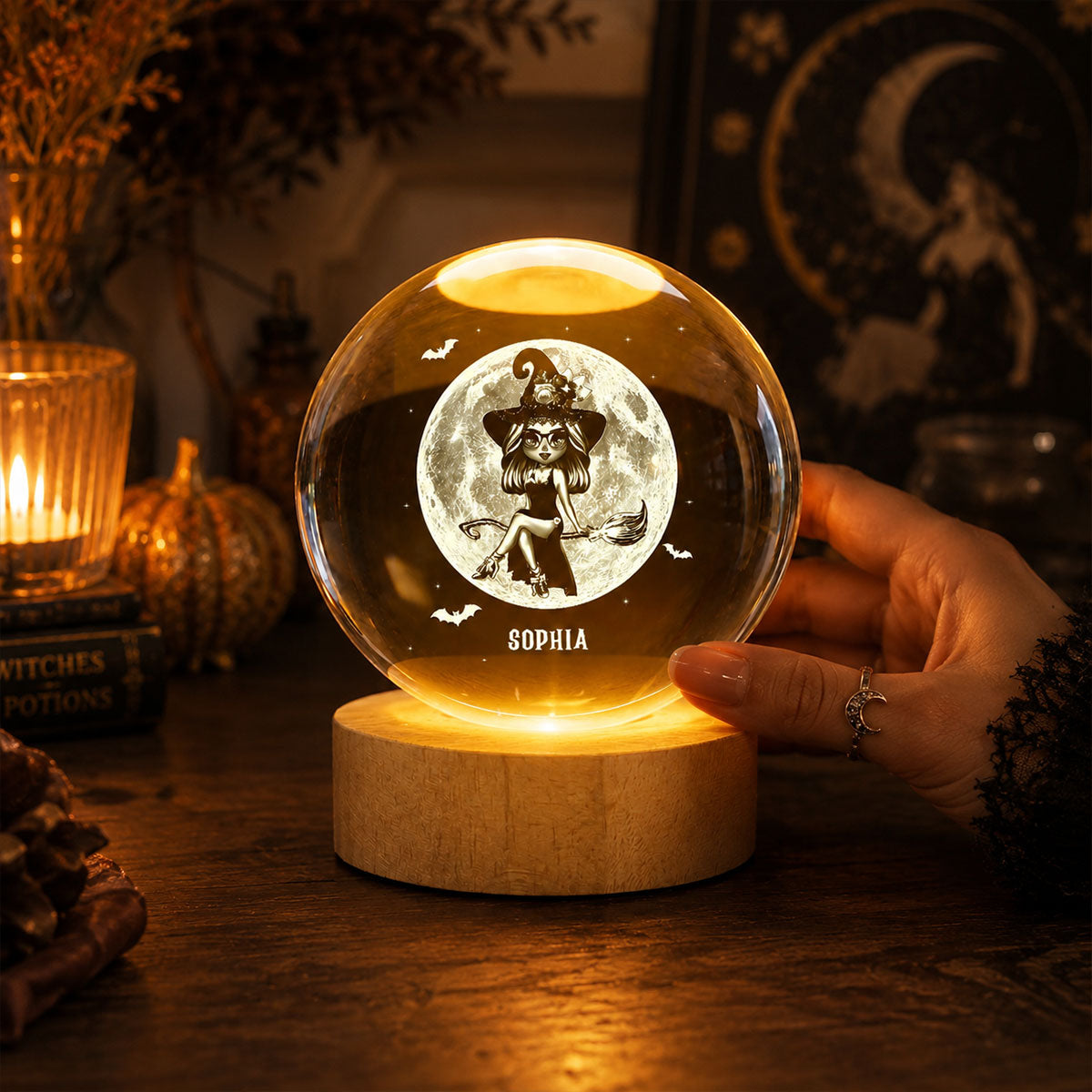 Witch On Broom Under Moon - Personalized Crystal Ball Night Light - Halloween Decor, Wicca Pagan Decor For Witches