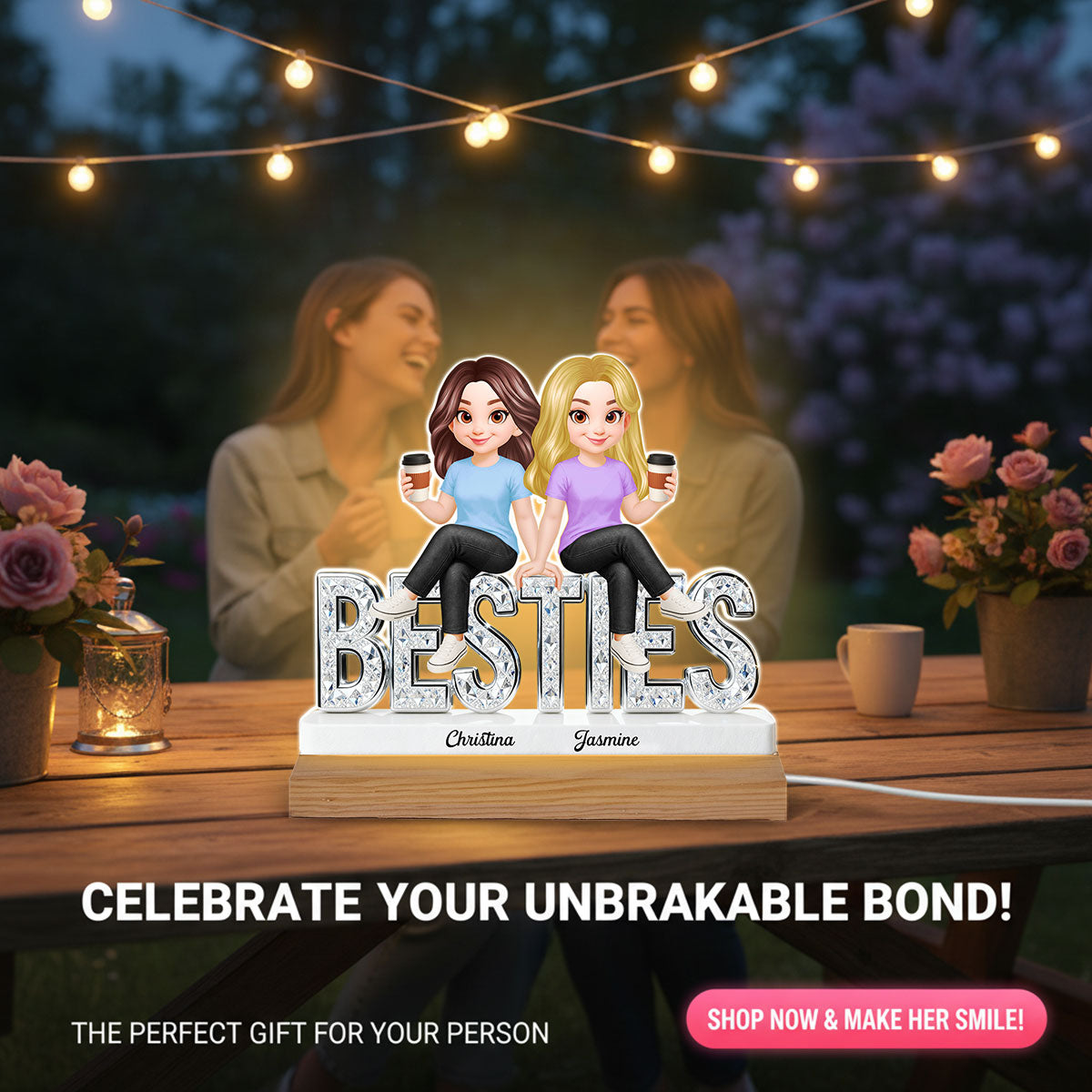 Beautiful Besties Forever - Personalized Acrylic Plaque LED Night Light - Gift For Best Friends