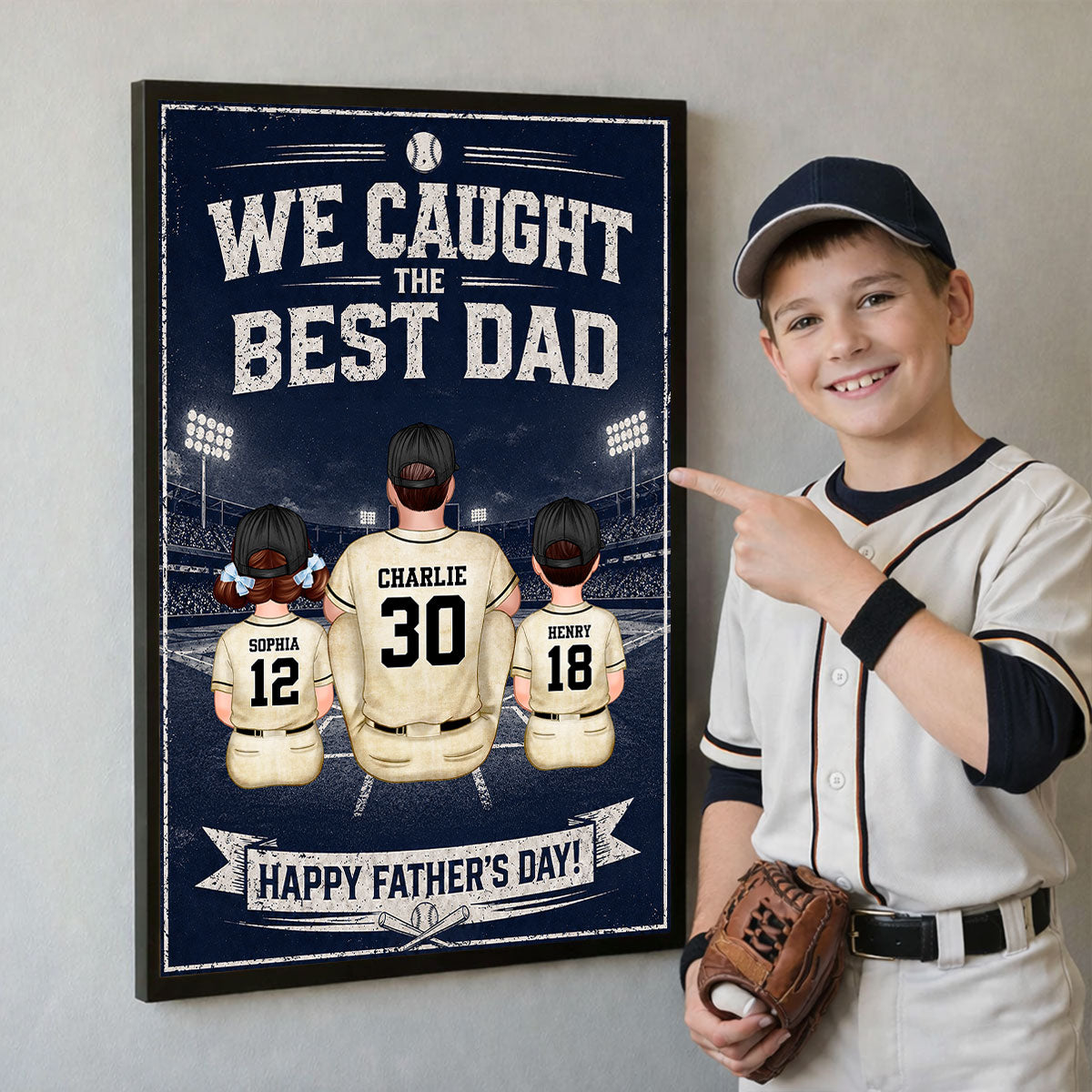 Retro Vintage Baseball Wall Art We Caught the Best Dad - Personalized Poster - Father's Day Gift for Dad, Husband
