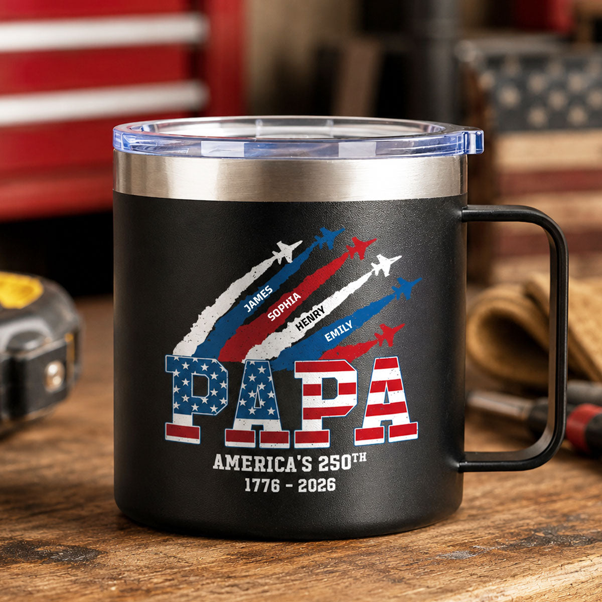 Proud Dad Grandpa Nation Flag American 250th Anniversary - Personalized Tumbler With Handle - Father's Day Gift For Patriotic Dad, Grandpa