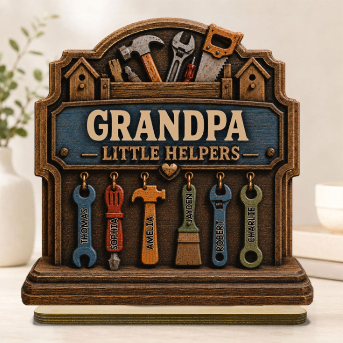 Grandpa's Little Helpers - Personalized 2-Layered Wooden Plaque -  Gift For Dad, Husband, Grandpa