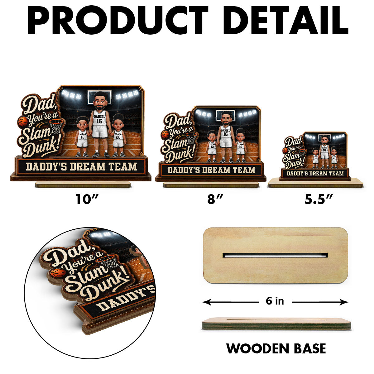 Dad You Are A Slam Dunk Basketball Man & Kids 2D Flat - Personalized 2-Layered Wooden Plaque -  Gift For Basketball Dad