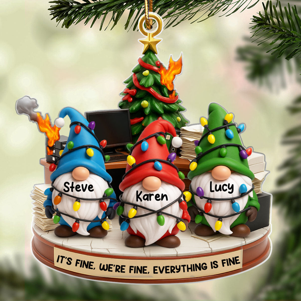 Office Chaos It's Fine We're Fine Gnome - Personalized Acrylic Ornament - Christmas Gift for Coworkers, White Elephant, Secret Santa Gift