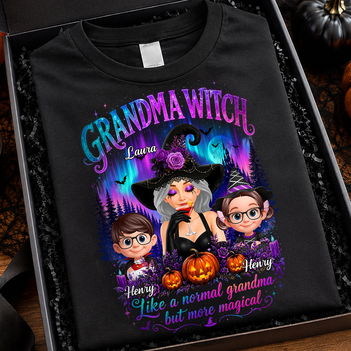 Grandma Witch More Magical Neon Light - Personalized Shirt - Trendy Halloween Tee for Grandma