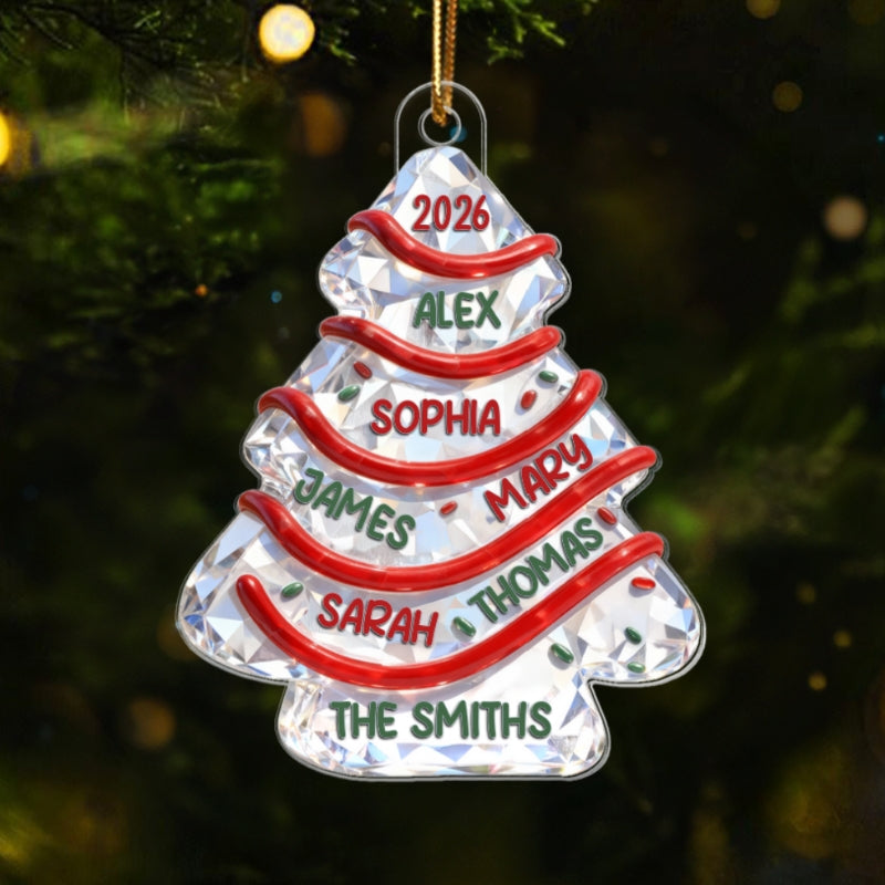 3D Effect Flat Family Names Christmas Tree Cake - Personalized Acrylic Ornament - Christmas Gift For Whole Family, Extended Family