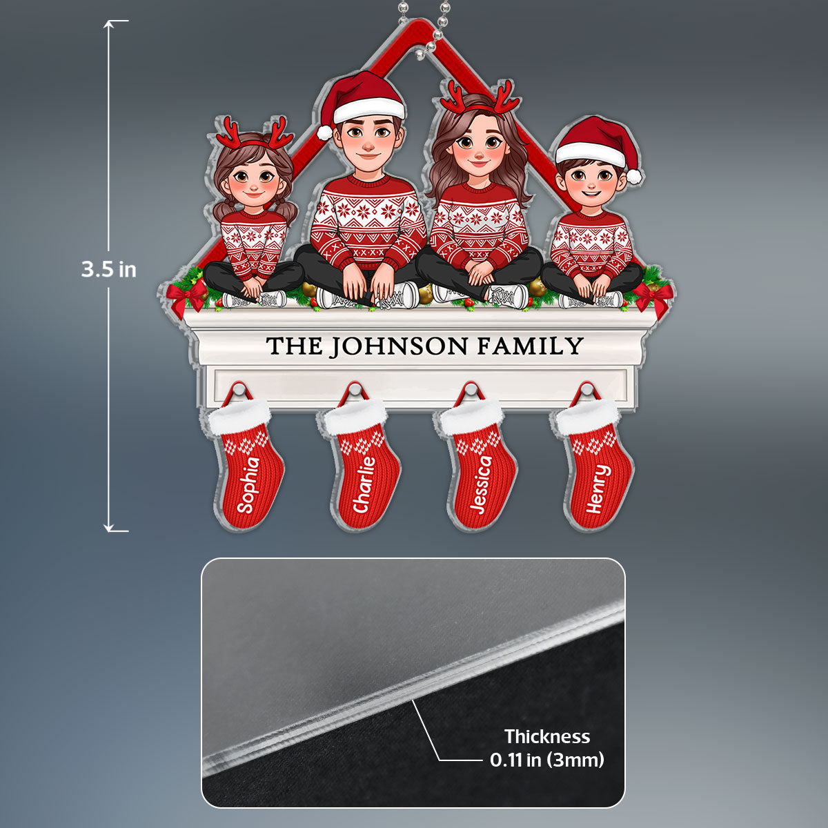 Family Sitting On Christmas Mantel With Stocking Personalized Acrylic Ornament