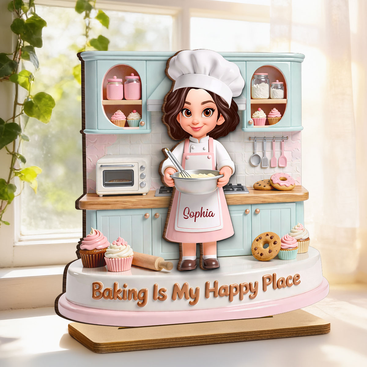 Baking Is My Happy Place - Personalized 2-Layered Wooden Plaque - Gift For Mom, Grandma