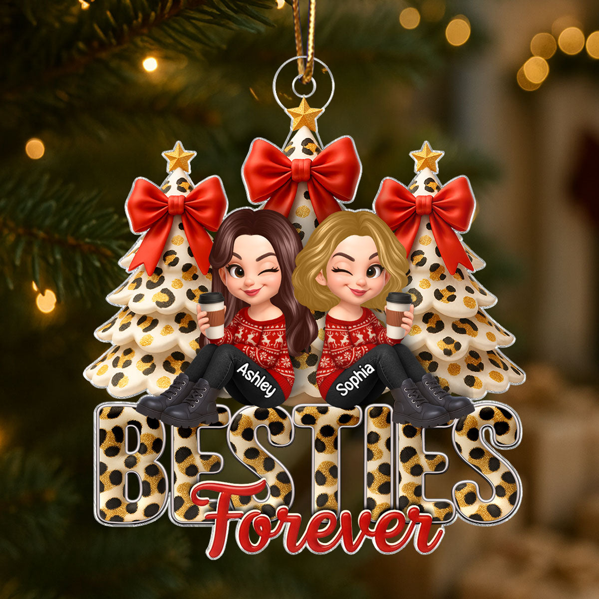 Besties Forever Leopard Pattern - Personalized Acrylic Ornament - Unique Christmas Gift for Best Friends