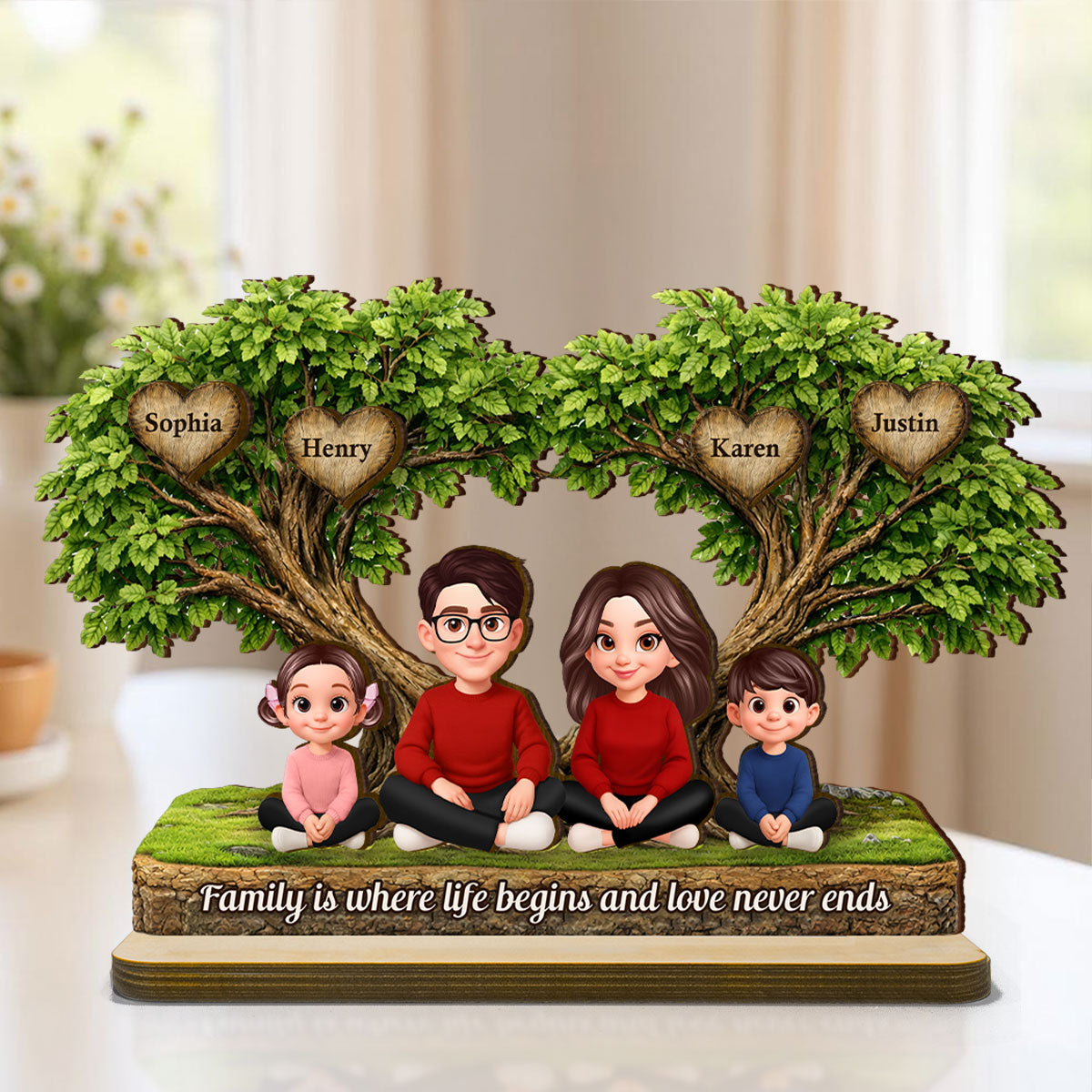 Family Is Where Love Never Ends - Personalized 2-Layered Wooden Plaque - Heartfelt Gift For Mom, Grandma
