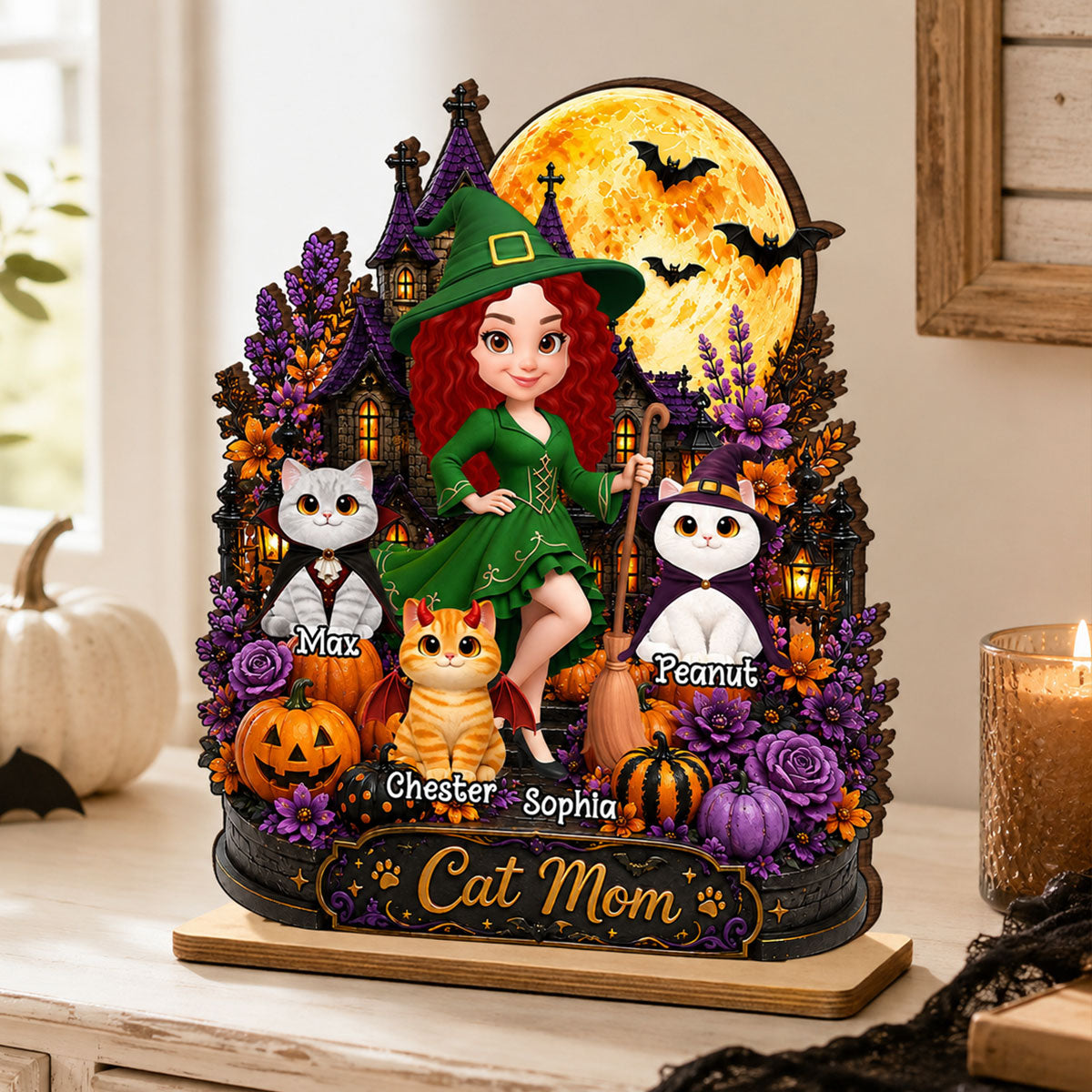 Cat Mom Witch Haunted House Moon - Personalized 2-Layered Wooden Plaque - Halloween Decor Gift, Gift For Cat Lovers