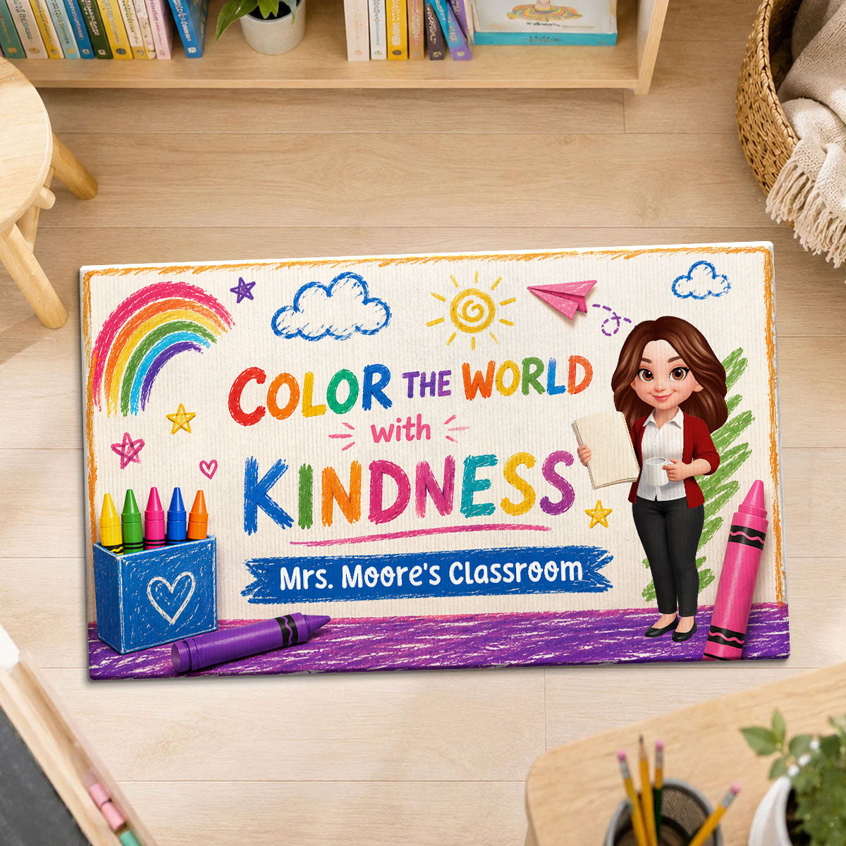 Colour The World With The Kindness - Personalized Doormat - Back To School Gift For Teacher, Classroom Decor