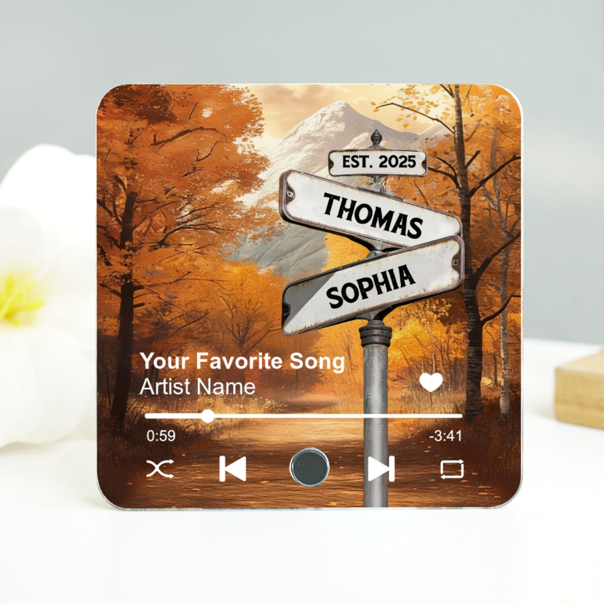 Crossroads Street Sign Nostalgia Fall Theme - Personalized Music Fridge Magnet - Anniversary, Valentine's Day Gift For Couple