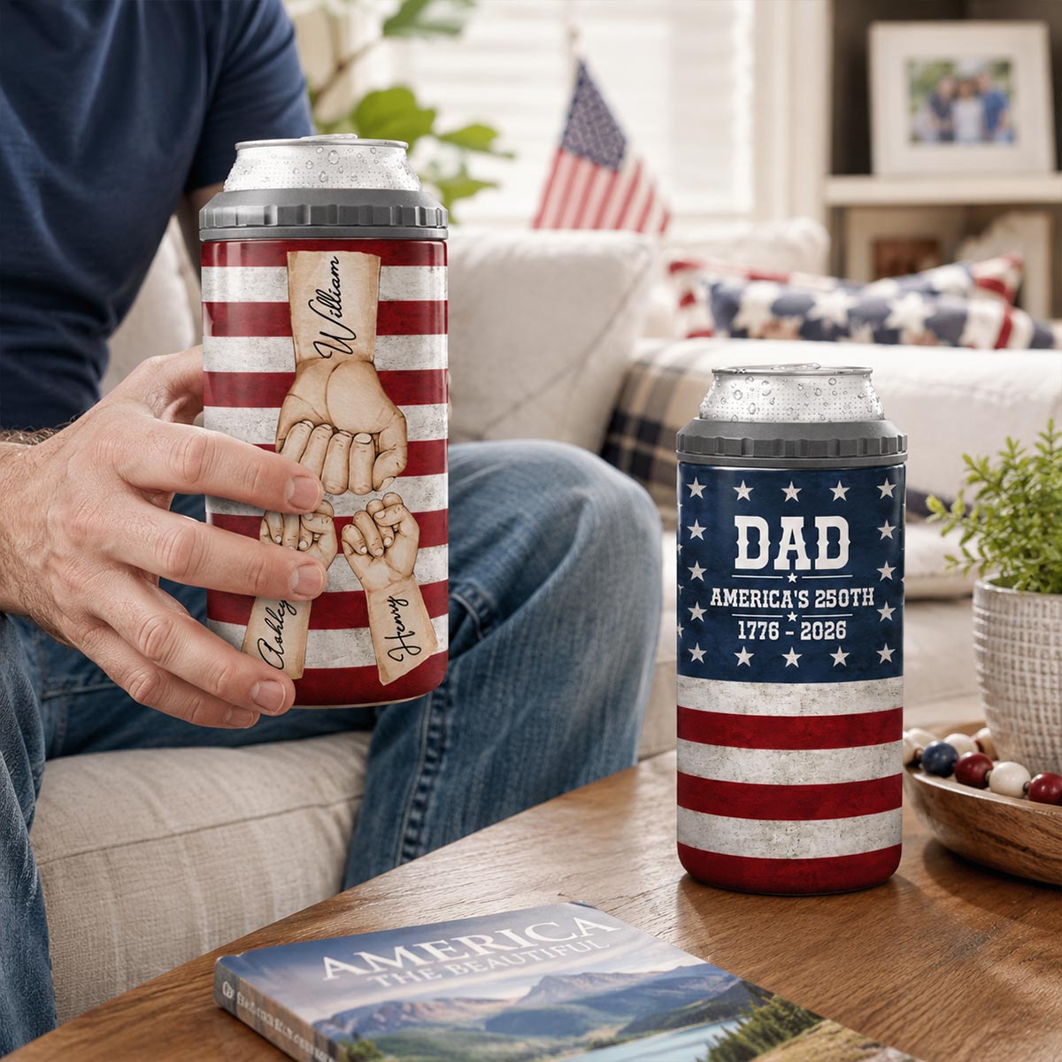 Proud American Dad Grandpa & Kids Fist Bumps - Personalized 4-in-1 Can Cooler - 4th Of July, American 250th Anniversary Gift For Patriotic Dad, Grandpa