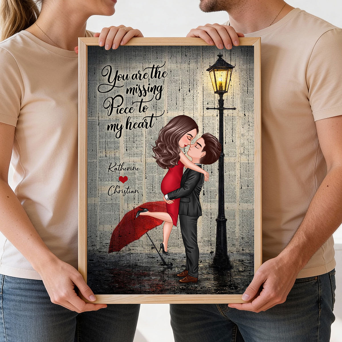 Vintage Newspaper Couple Hugging Kissing Under Lamp Post - Personalized Poster