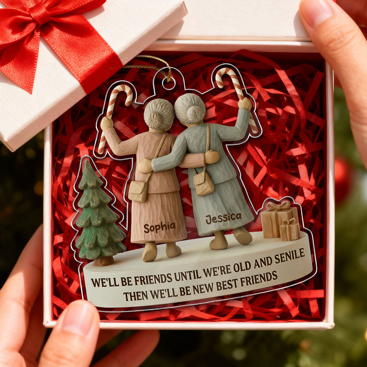 3D Effect We'll Friends Until Old & Senile Old Besties - Personalized Acrylic Ornament - Gift For Best Friends