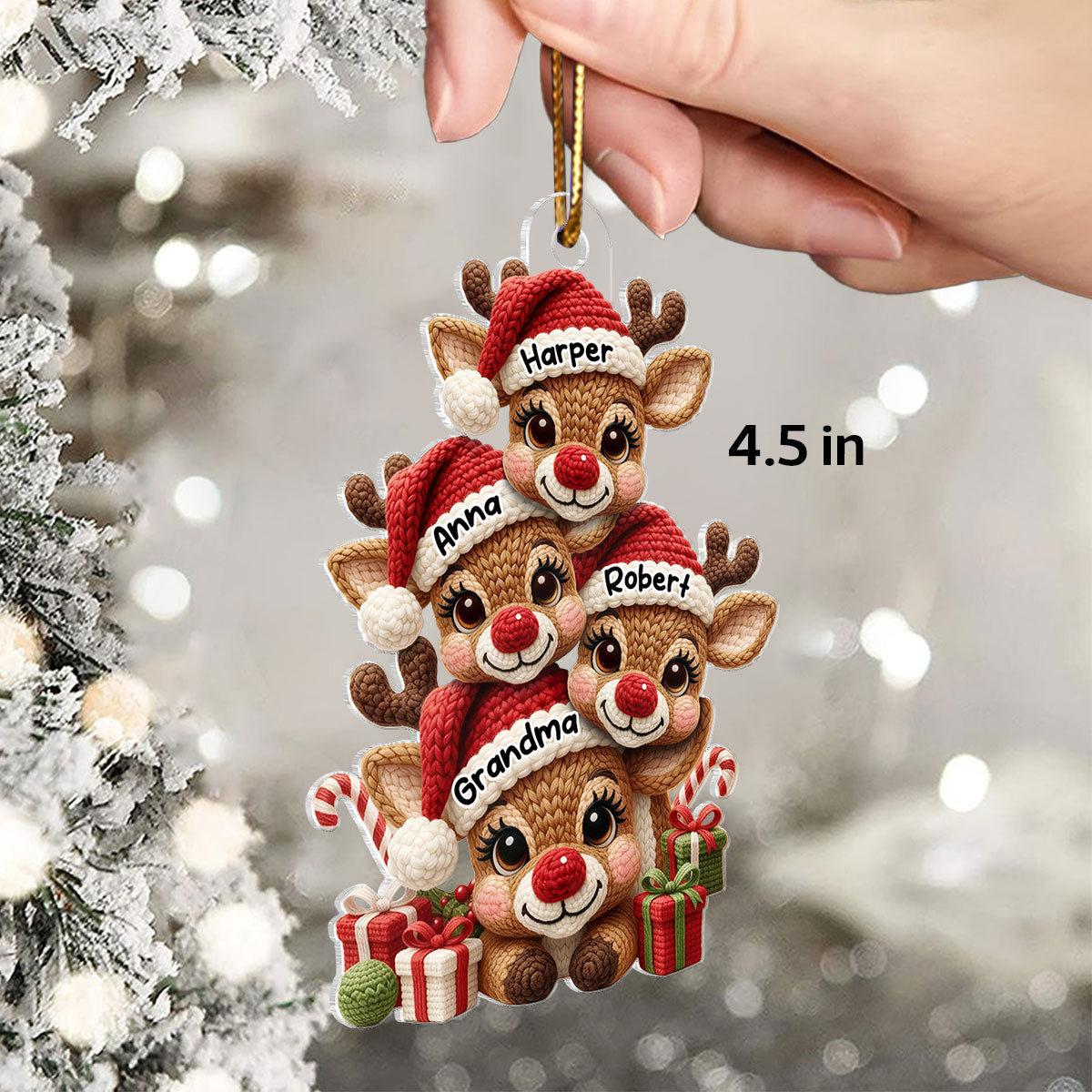 3D Effect Faux Yarn Grandma & Grandkids Reindeer Christmas - Personalized Acrylic Ornament - Gift for Grandma, Grandkids
