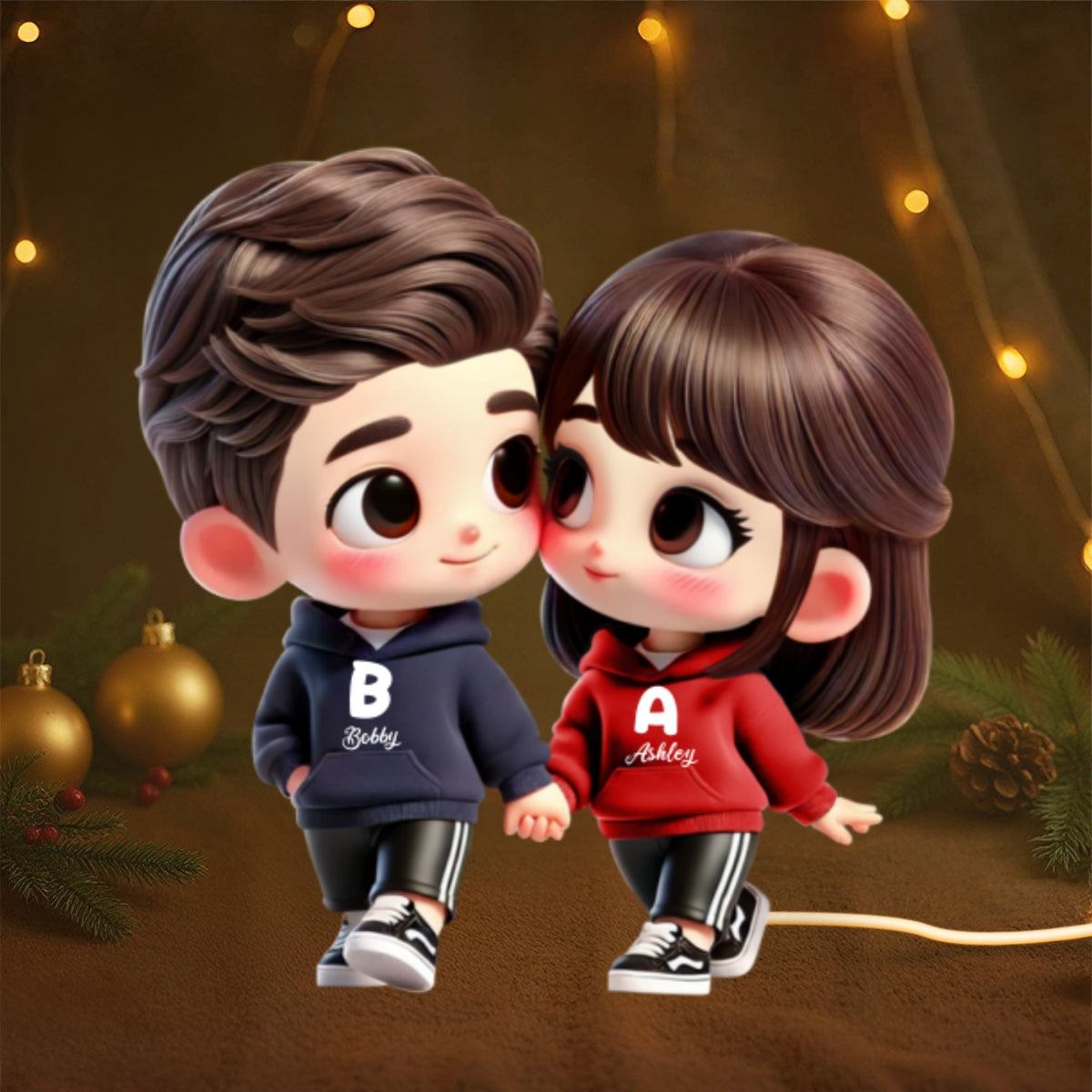 3D Effect Cute Cartoon Couple Holding Hands - Personalized Light Box - Gift for Him, Gift for Her