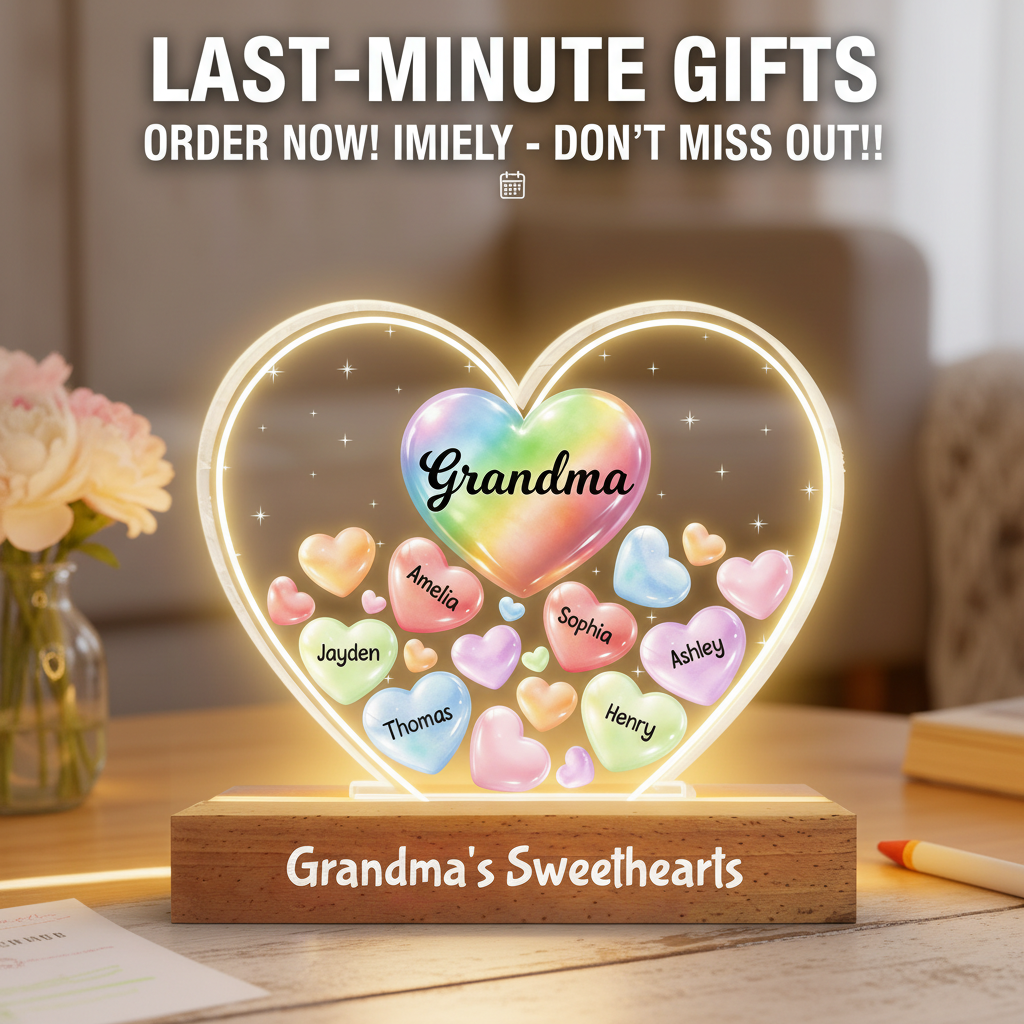 Grandma's Sweethearts In Heart - Personalized Acrylic Block Plaque LED Night Light - Gift For Grandma