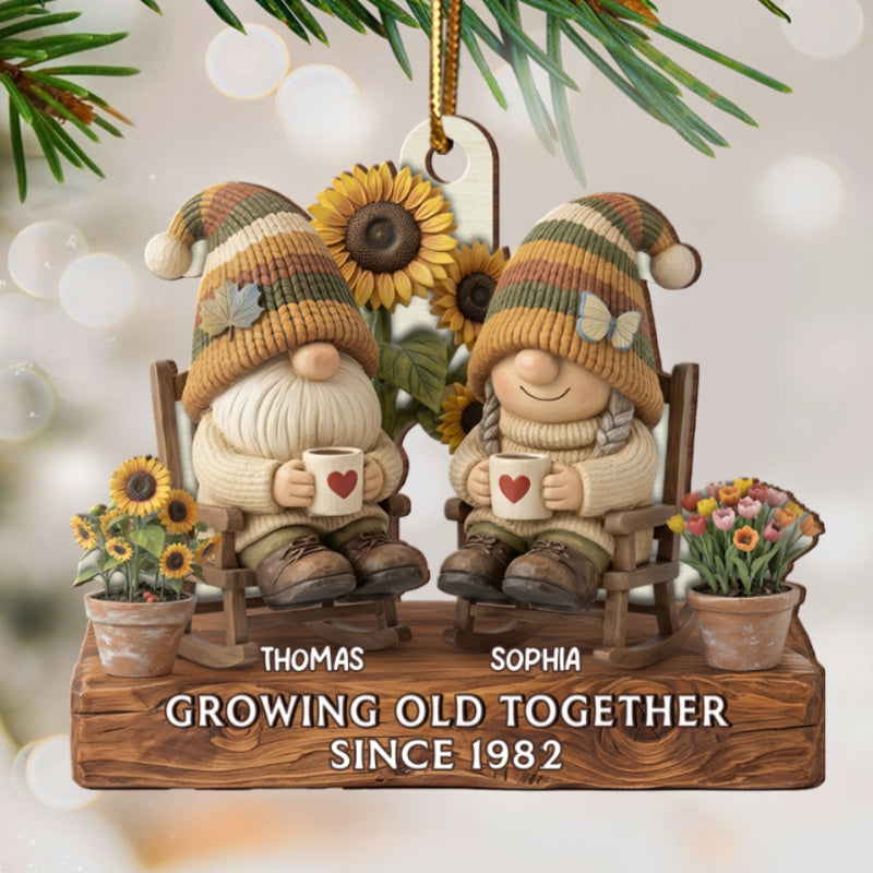 3D Effect Vintage Gnome Couple Grow Old Together - Personalized Wooden Ornament