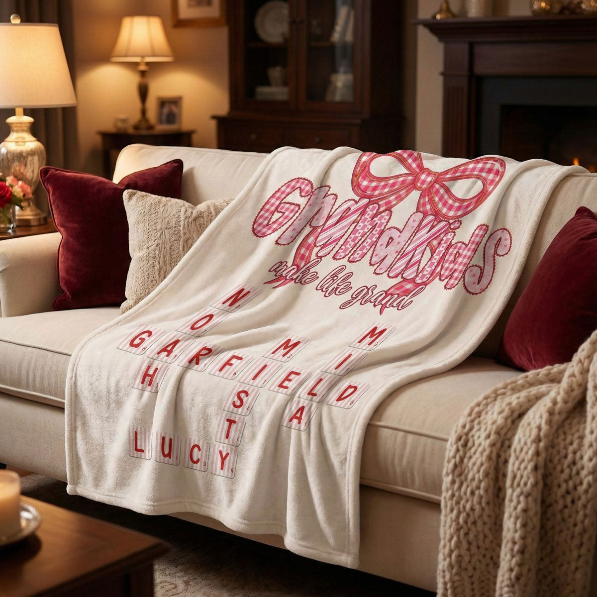 Grandkids Make Life Grand Preppy Valentine Pattern Crossword Puzzle Art - Personalized Fleece Blanket - Valentine's Day Gift For Grandma