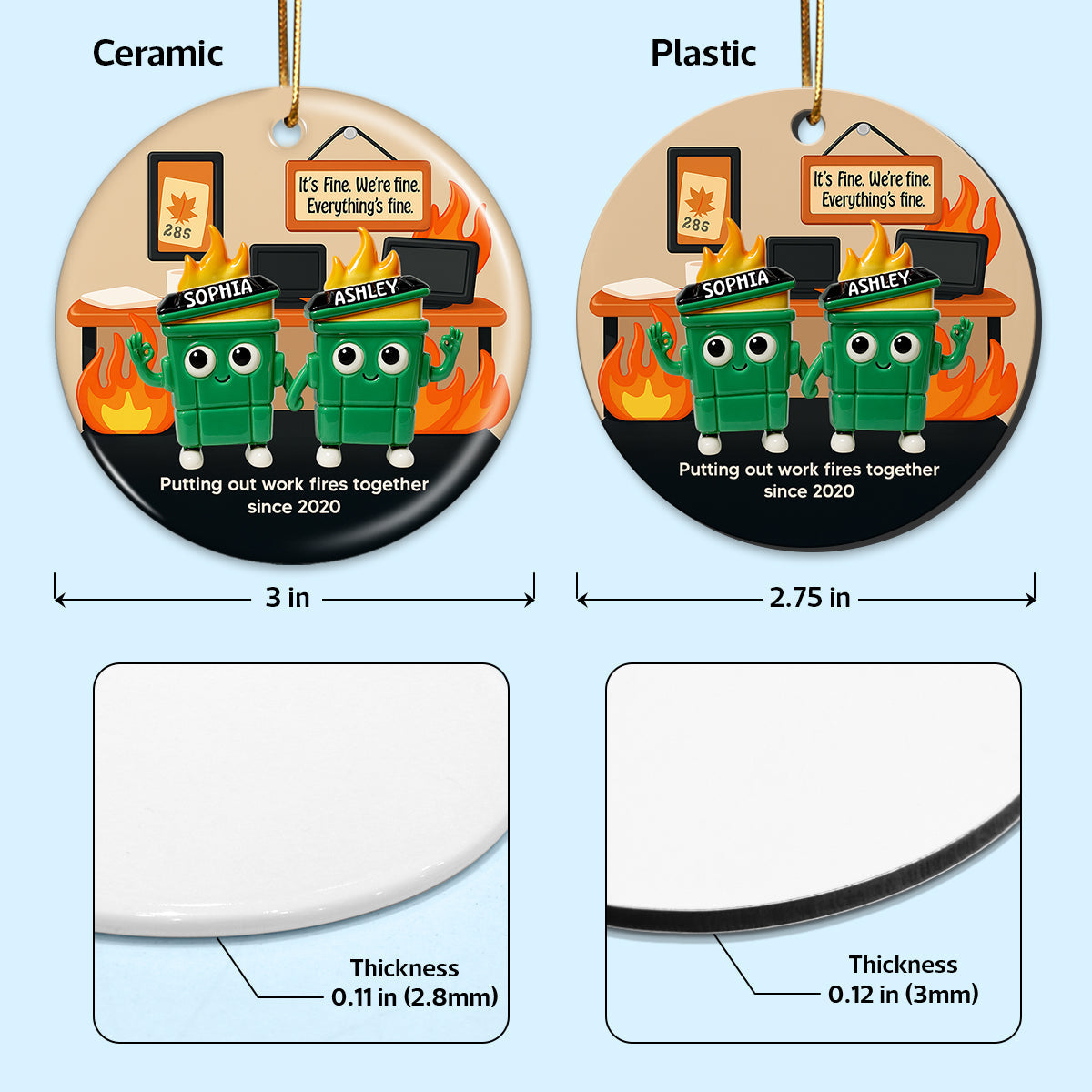 3D Effect Dumpster Fires In Office Scene - Personalized Ceramic Ornament - Funny Gift For Colleagues, Work Besties