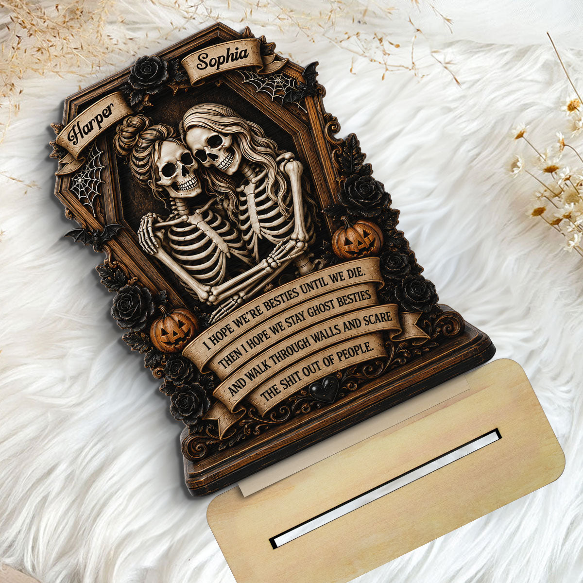 Skeleton Besties In Coffin Friends Until We Die 2D Flat - Personalized 2-Layered Wooden Plaque - Funny Work Bestie Gift, Halloween Keepsake For Best Friends