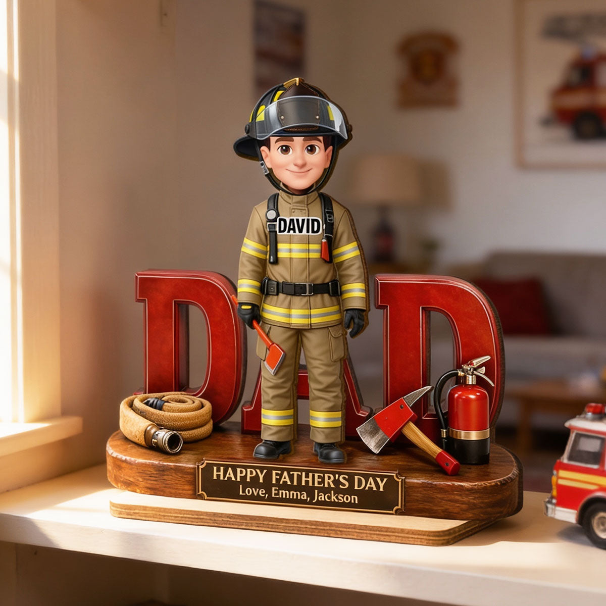 Proud American Firefighter Dad - Personalized 2-Layered Wooden Plaque -  Gift For Dad