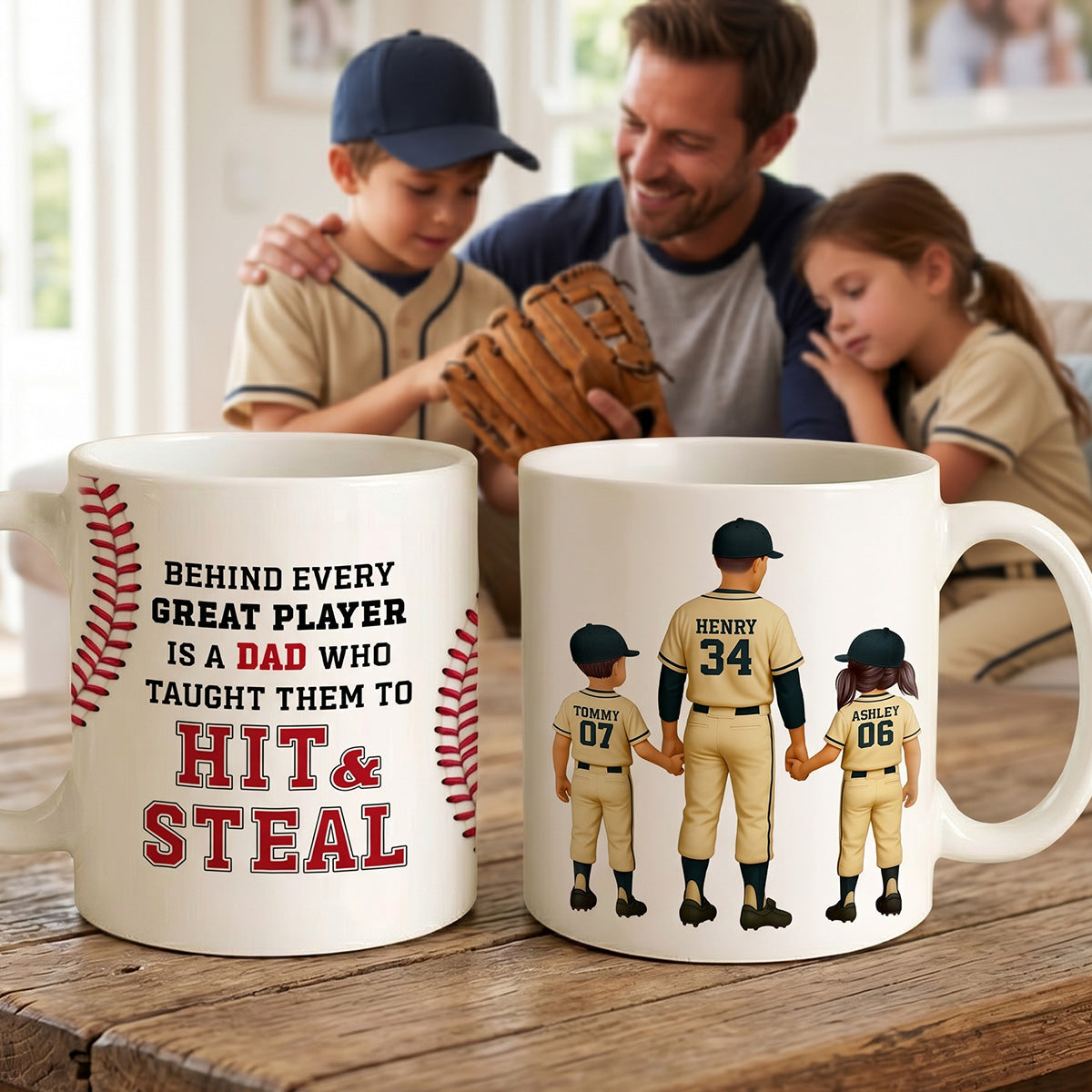 Thank You For Teaching Us To Hit & Steal Baseball Dad & Kids - Personalized Mug - Father's Day Gift For Dad, Husband