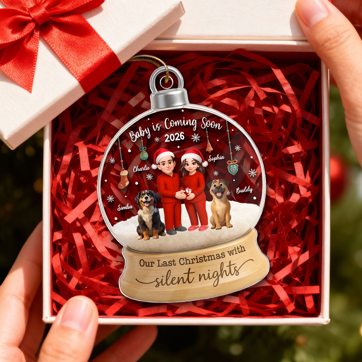 Last Christmas With Silent Nights Expecting Couple With Dog Cat - Personalized Acrylic Ornament