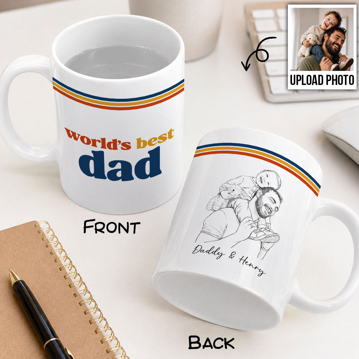 Retro World's Best Dad Pencil Sketch Art Style - Personalized Mug - Father's Day Gift For Dad, Husband