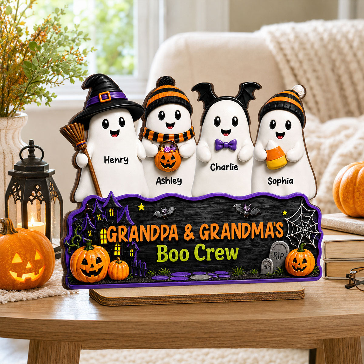 Halloween Grandma Grandpa Haunted House Cute Boo Crew Kids - Personalized 2-Layered Wooden Plaque - Halloween Decoration For Grandparents