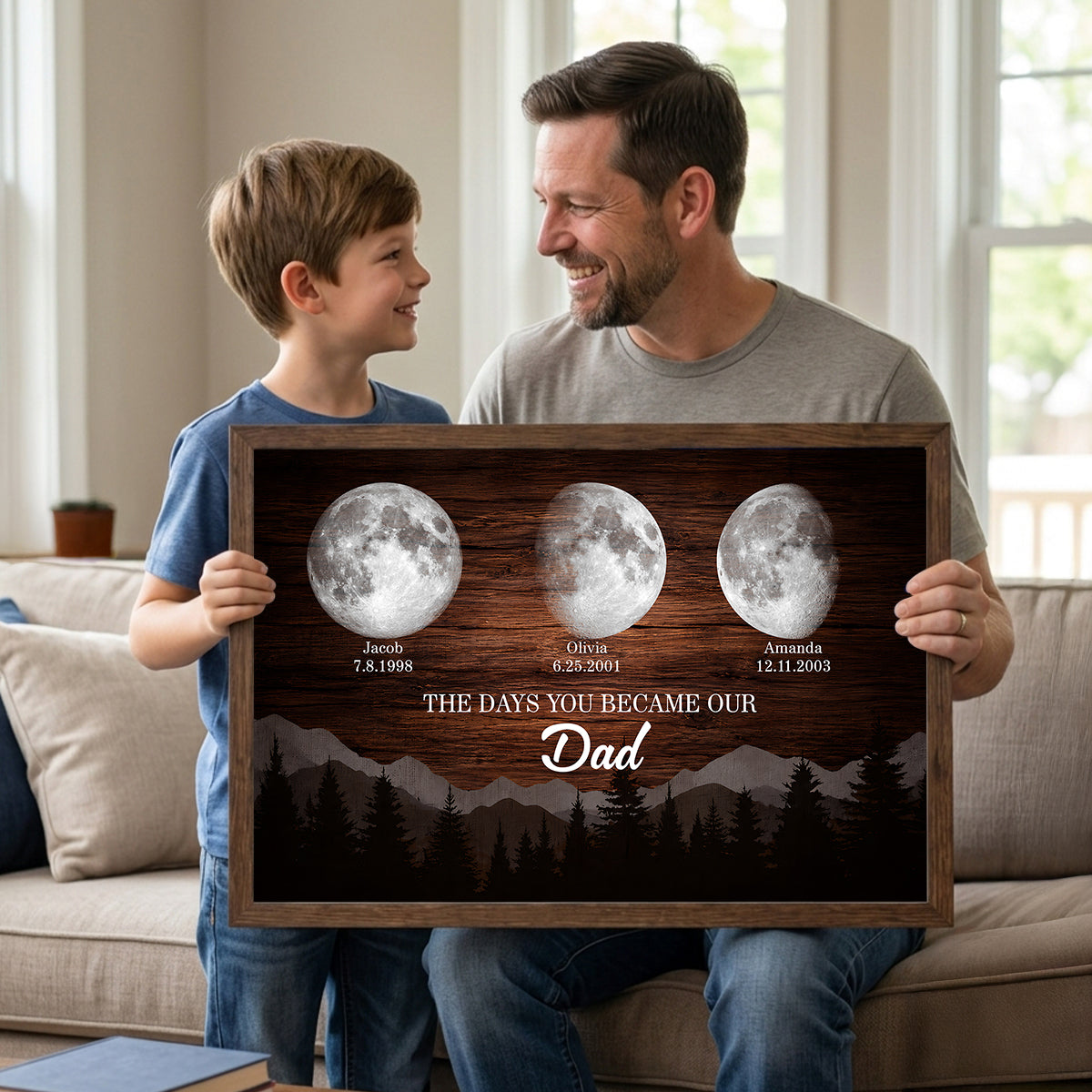 Vintage Retro Moon Phase Wall Art, The day You Became Our Dad - Personalized Poster - Father's Day Gift for Dad