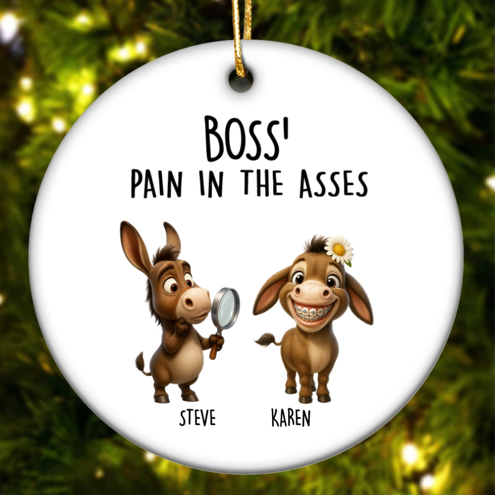 Boss Pain in the Asses, Funny Donkey Office Decoration - Personalized Ceramic Ornament - Custom Employee Gift Exchange, White Elephant Gift