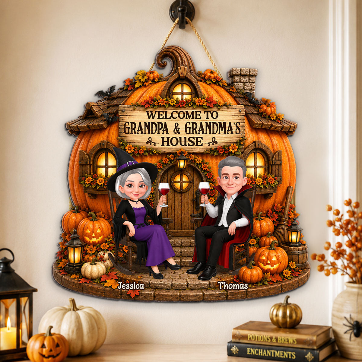 Whimsical Halloween Pumpkin Welcome To Grandma Grandpa House - Personalized Wood Sign - Halloween Decoration For Grandparents