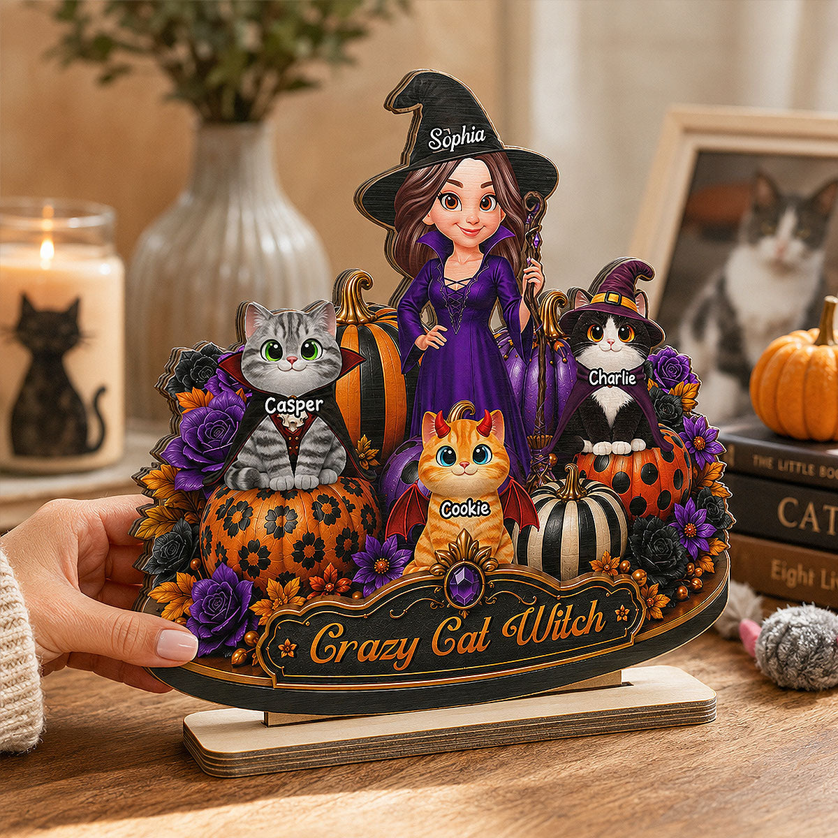 Crazy Cat Witch 2D Flat - Personalized Wooden Plaque - Halloween Decoration.