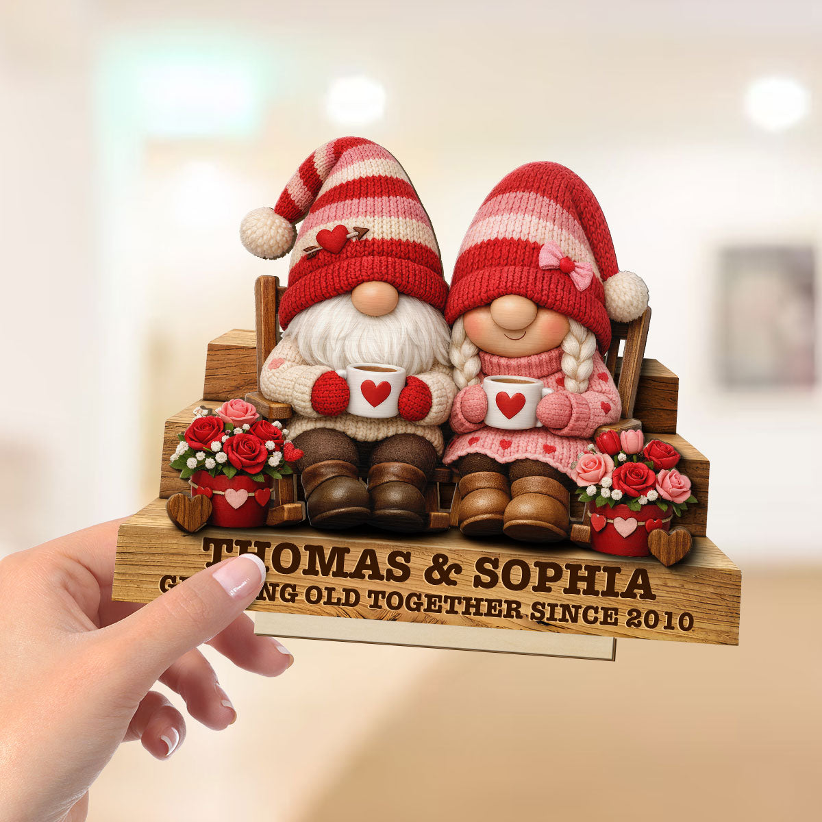 Everlasting Love Valentine Gnome Couple - Personalized 2-Layered Wooden Plaque - Valentine's Day Gift For Couple
