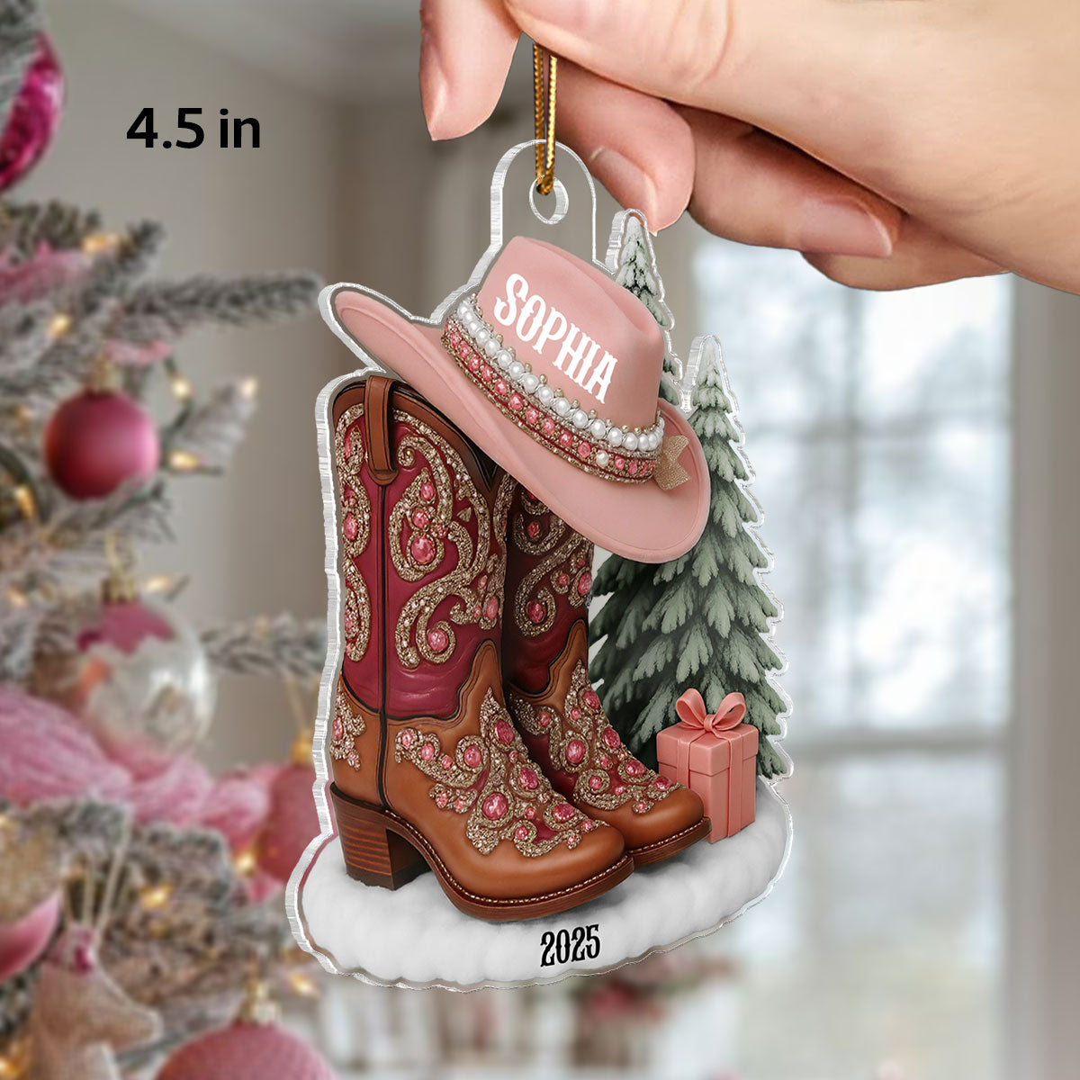 3D Effect Boots And Hat Cowgirl Name - Personalized Acrylic Ornament