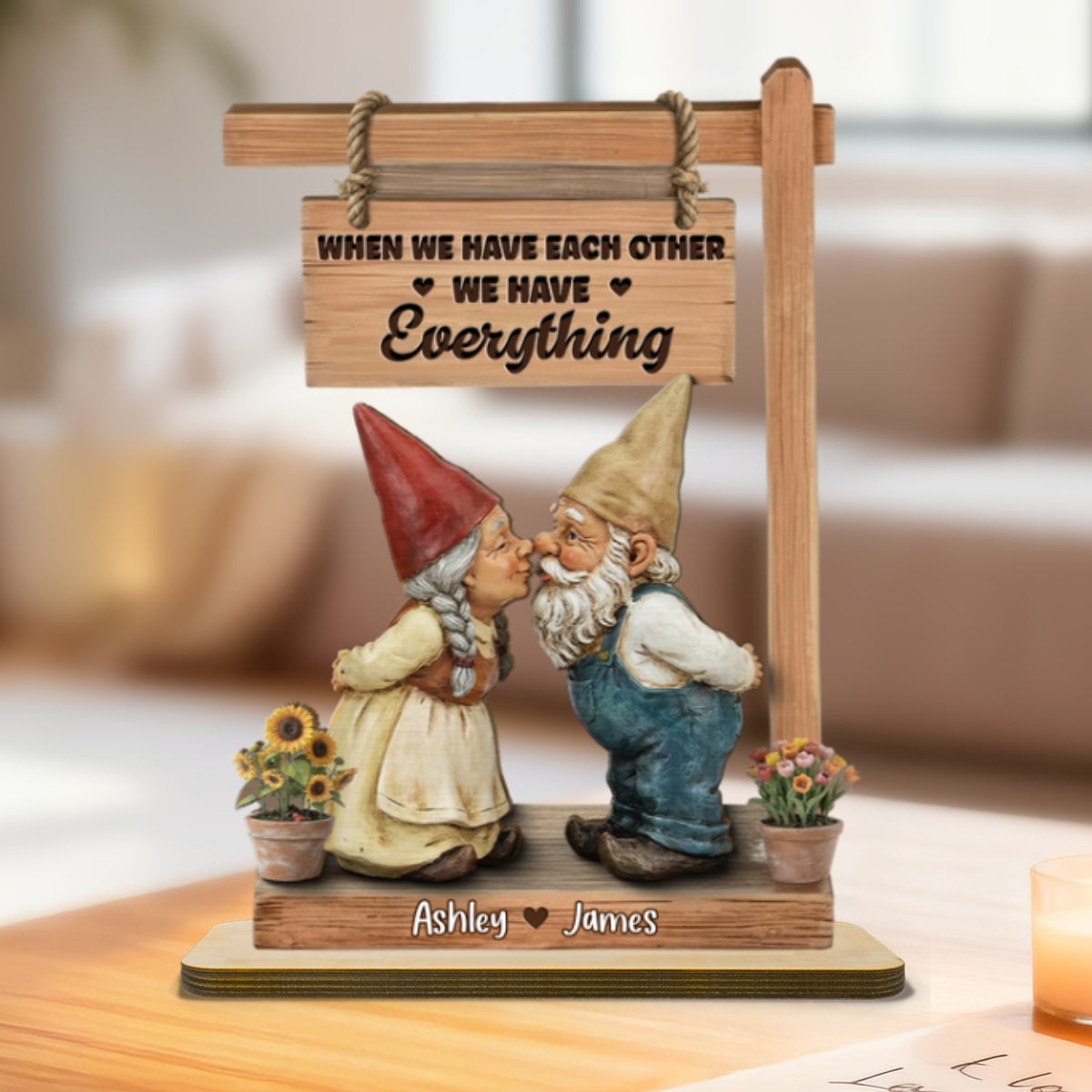 3D Effect Gnome Couple Kissing - Personalized 2-Layered Wooden Plaque - Anniversary, Valentine's Day Gift For Him, Gift For Her