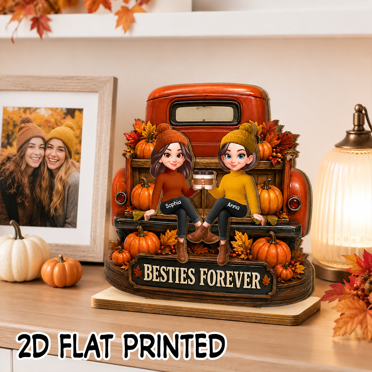 Besties Forever Fall Truck - Personalized 2-Layered Wooden Plaque - Fall Gift For Best Friends