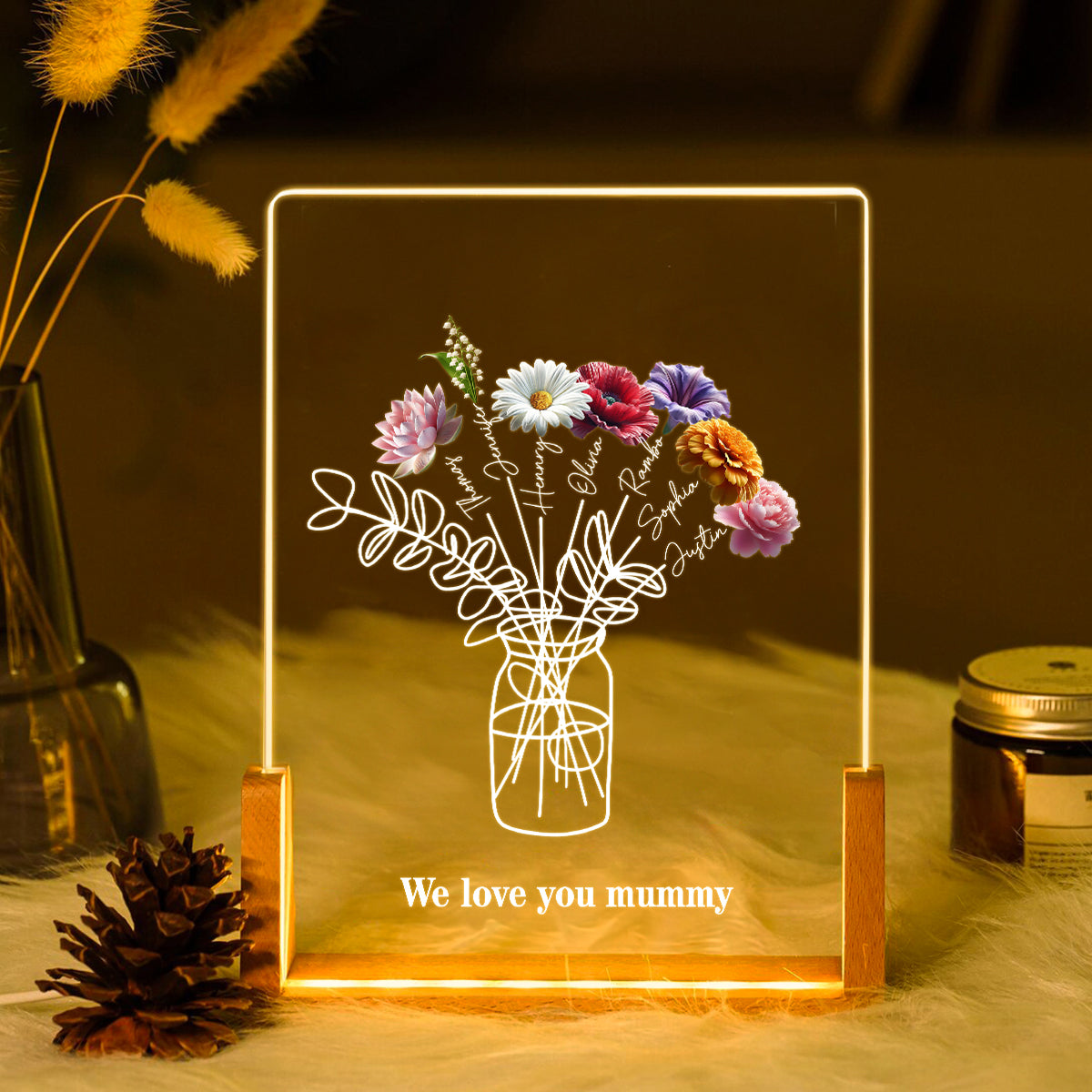 Family Birth Month Flowers Bouquet - Personalized Acrylic Block LED Night Light - Heartfelt Gift For Mom, Grandma