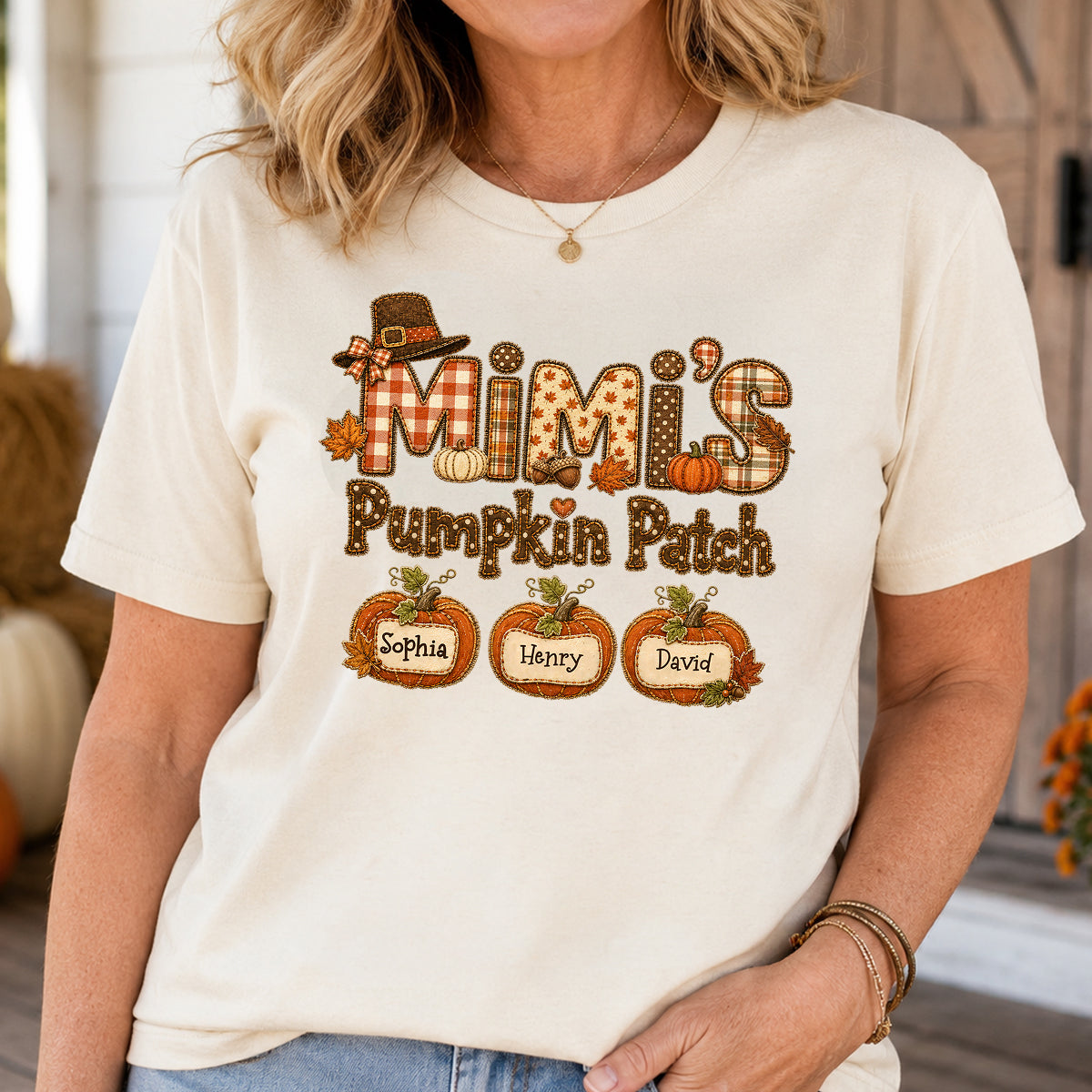 Grandma's Pumpkin Patch Fall Patchwork Pattern - Personalized Shirt - Trendy Fall Halloween Tee for Grandma