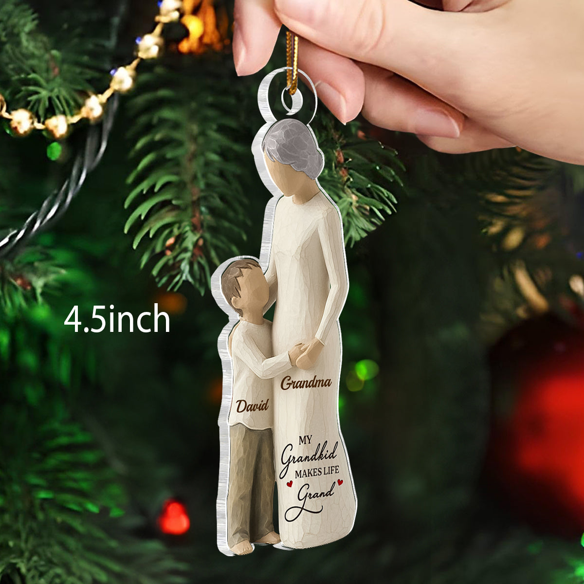 Grandma And Granddaughter Grandson Wooden Figurine - Personalized Acrylic Ornament - Heartwarming Christmas Gift For Grandma, Grandkid, Family