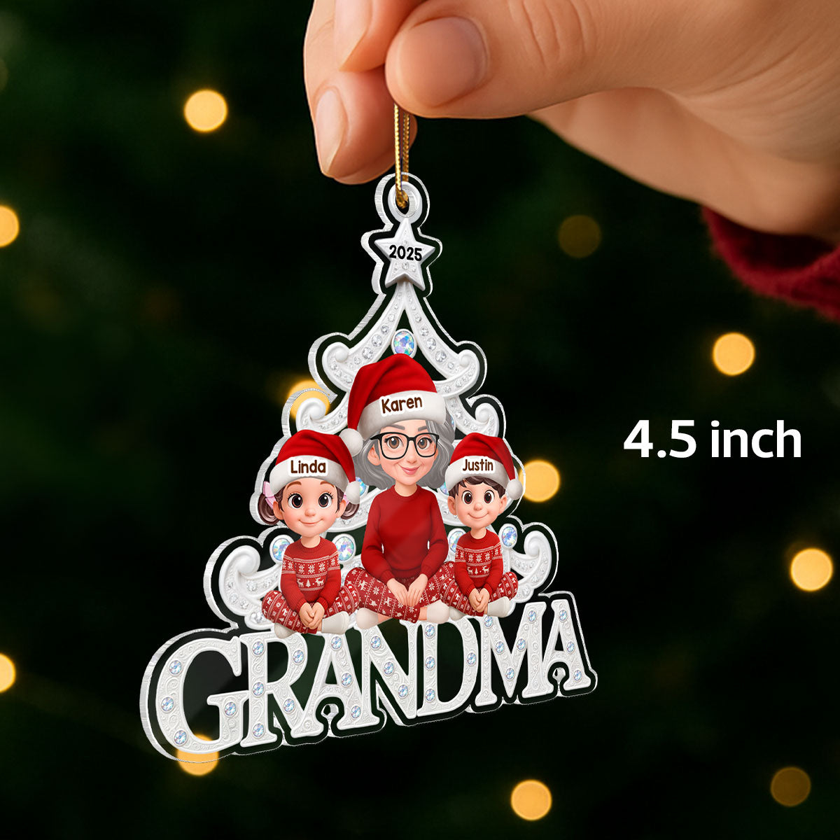 Grandma Grandkids Sitting Metallic Crystal Effect - Personalized Acrylic Ornament - Christmas Gift for Grandma