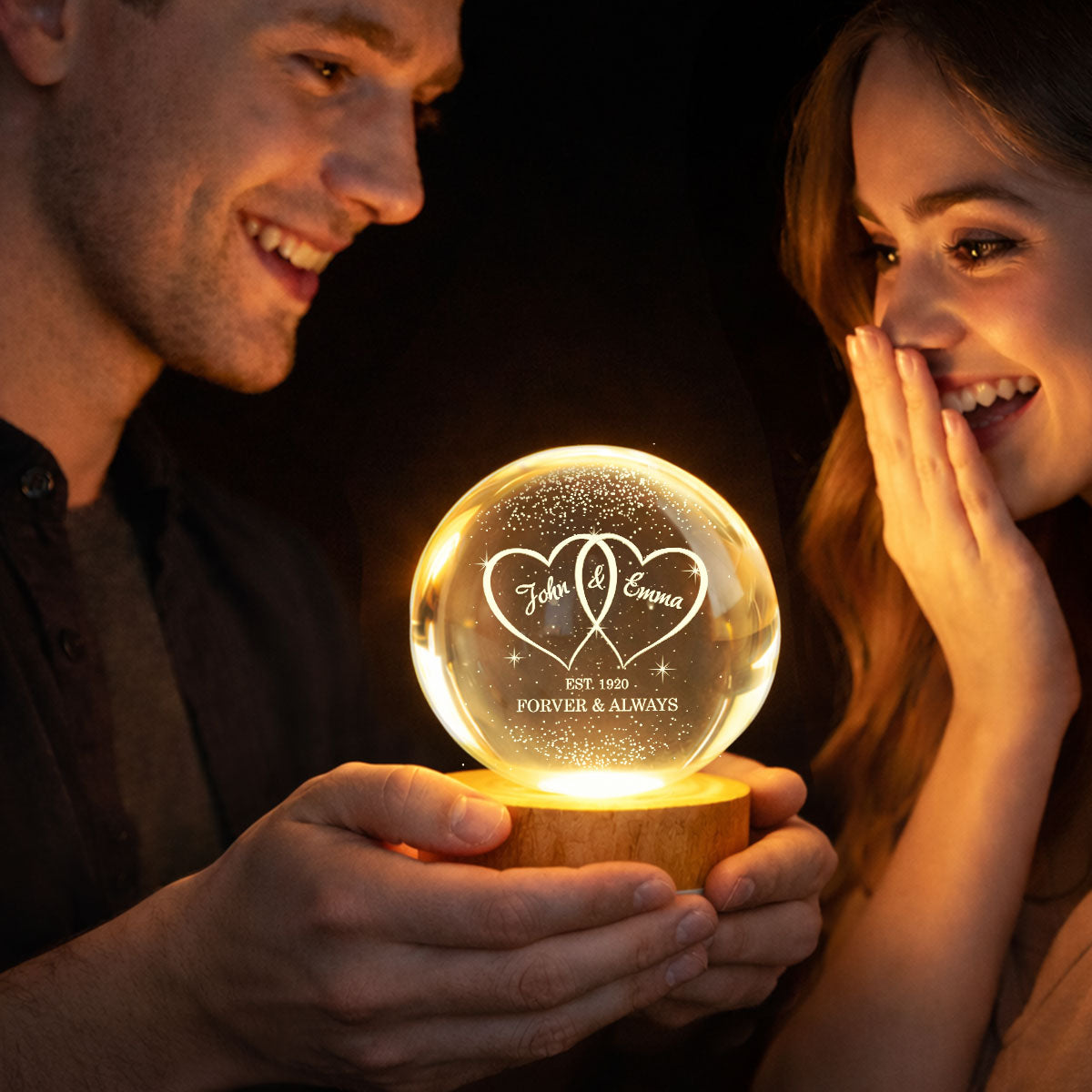 Couple Hearts Interlocked - Personalized Crystal Ball LED Night Light - Heartfelt Valentine's Day Gift for Her, for Him