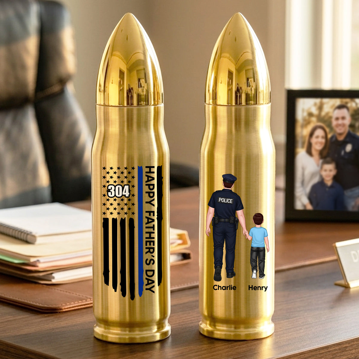 Proud American Police Dad You Are Our Hero Thin Blue Line - Personalized Bullet Tumbler - Father's Day Gift For Dad